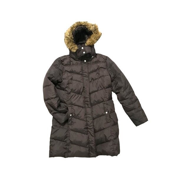 Michael Kors Womens LG Down & Feathers Puffer Coat Mid Length Brown Faux Fur Tri - Picture 1 of 13